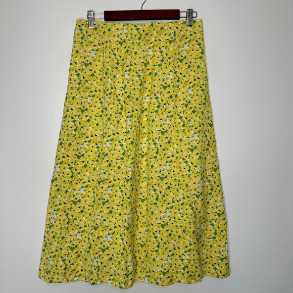 Ann Taylor Loft Midi Skirt Linen Blend Yellow Floral Slit Size 6 - Picture 3 of 10
